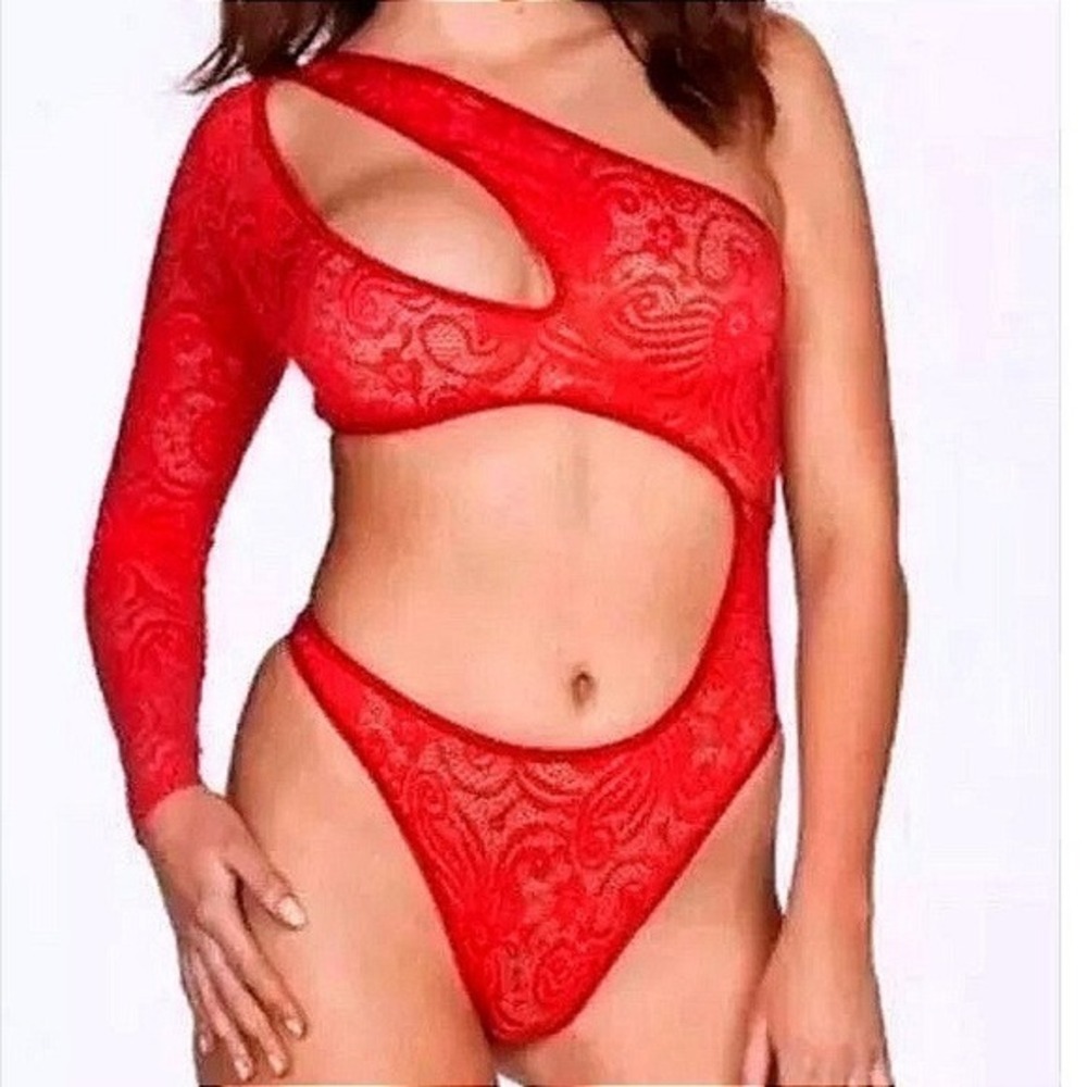 Fredericks of Hollywood Kerry Red Lace One Shoulder Cutout Teddy Bodysuit NEW